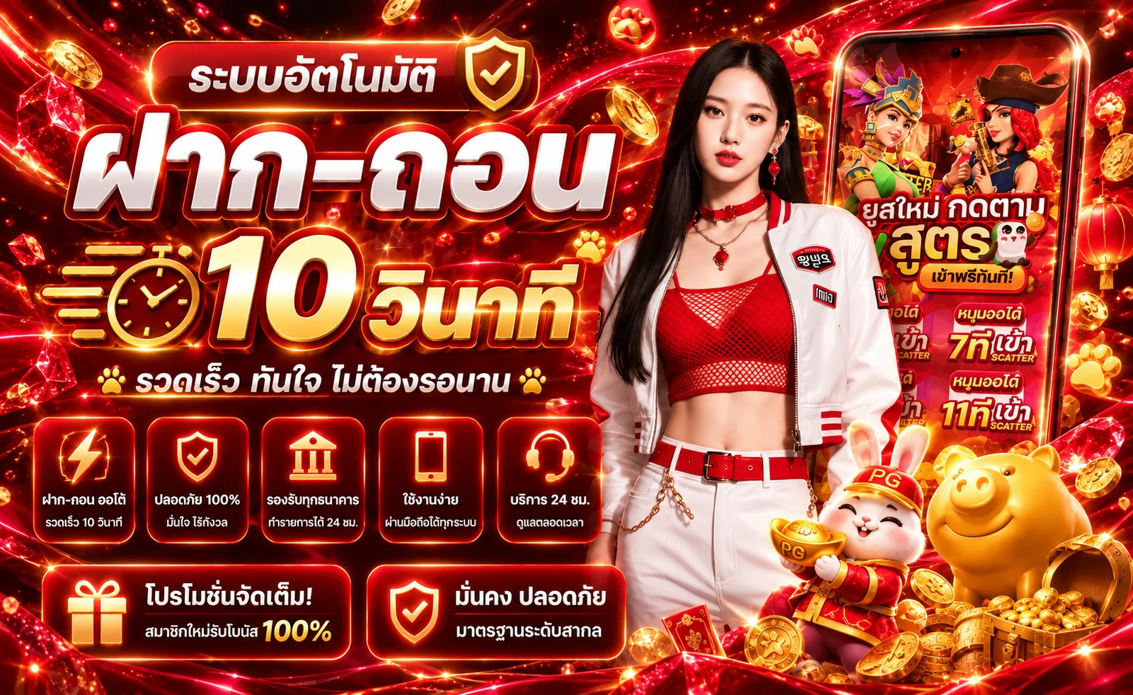 แบนเนอร์ระบบฝากถอนอัตโนมัติของ TJ88 โทนแดงดำ